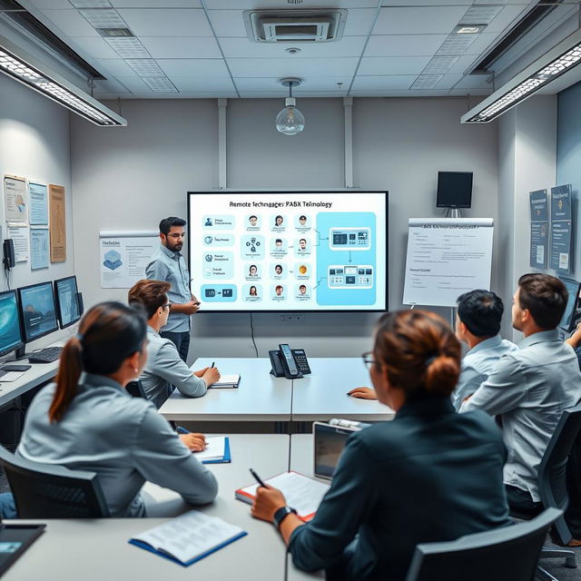 A professional training session on remote technology in PABX systems, featuring a well-equipped training room with modern computers and communications technology