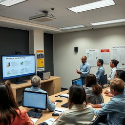 A professional training session on remote technology in PABX systems, featuring a well-equipped training room with modern computers and communications technology