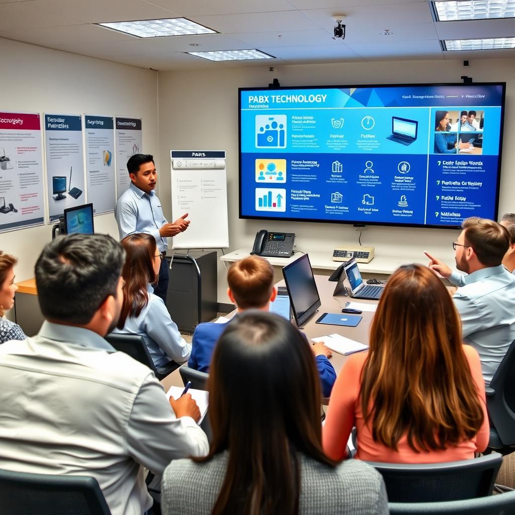 A professional training session on remote technology in PABX systems, featuring a well-equipped training room with modern computers and communications technology