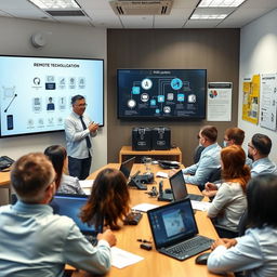 A professional training session on remote technology in PABX systems, featuring a well-equipped training room with modern computers and communications technology