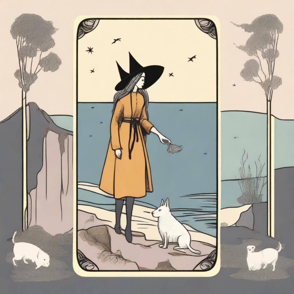 The Fool Tarot card depicted in a dreamy style with a happy witch as the main character and a small white dog by her feet, at the cliff's edge