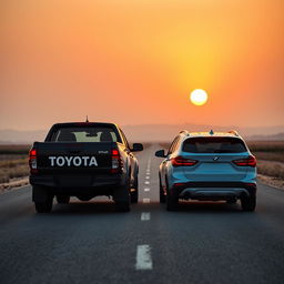 A poignant scene featuring a black Toyota Hilux and a light blue BMW X1 with bright orange wheels, both looking melancholic as they are parked on a deserted road