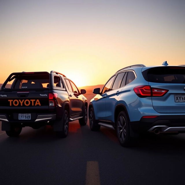 A poignant scene featuring a black Toyota Hilux and a light blue BMW X1 with bright orange wheels, both looking melancholic as they are parked on a deserted road