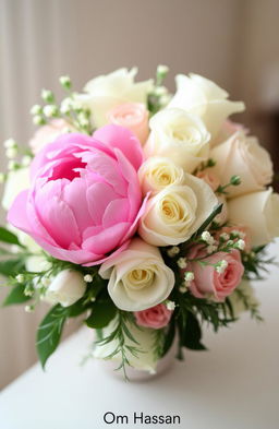 A beautifully arranged bouquet featuring an elegant mix of white and pink flowers