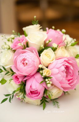 A beautifully arranged bouquet featuring an elegant mix of white and pink flowers