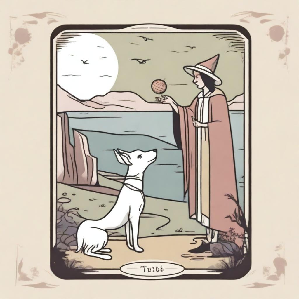 The Fool Tarot card depicted in a dreamy style with a happy witch as the main character and a small white dog by her feet, at the cliff's edge