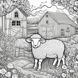 Black and white colouring book page featuring intricately detailed happy sheep on a farm, with a barn in the background.