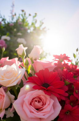 A beautiful arrangement of white and pink roses, along with vibrant red flowers, all illuminated by the bright morning sun