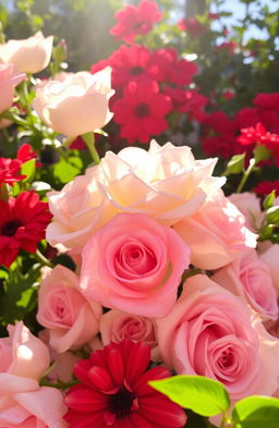 A beautiful arrangement of white and pink roses, along with vibrant red flowers, all illuminated by the bright morning sun