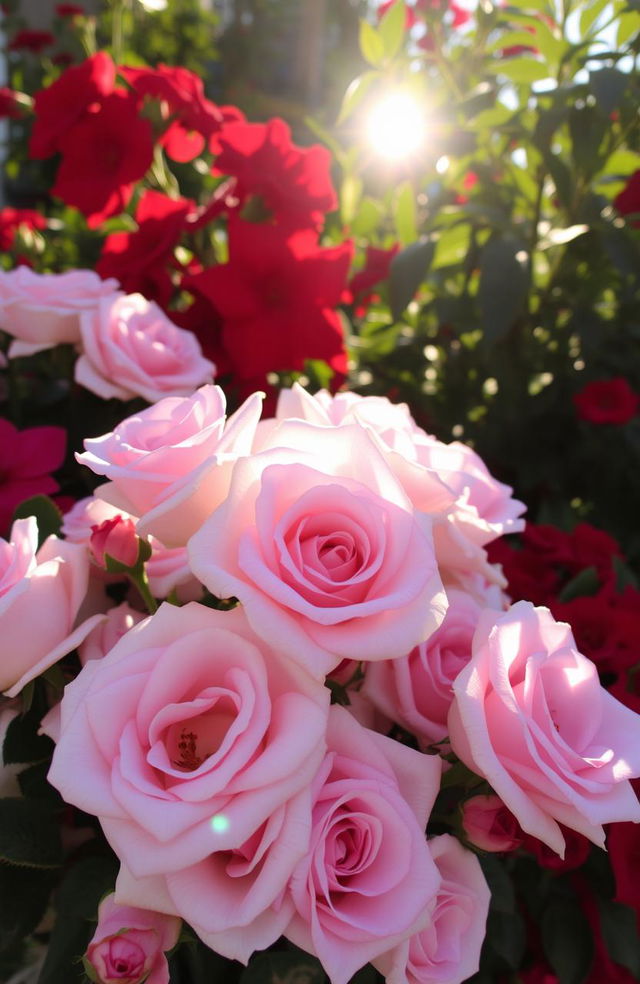 A beautiful arrangement of white and pink roses, along with vibrant red flowers, all illuminated by the bright morning sun