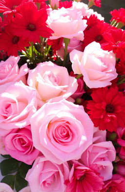 A beautiful arrangement of white and pink roses, along with vibrant red flowers, all illuminated by the bright morning sun