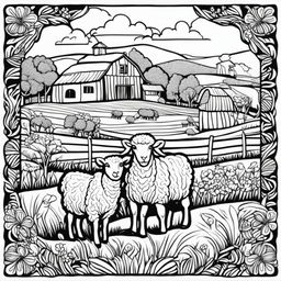 Black and white colouring book page featuring intricately detailed happy sheep on a farm, with a barn in the background.