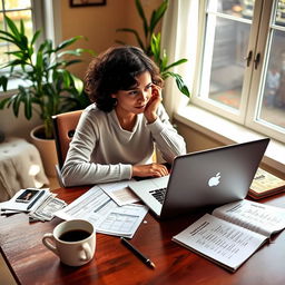 A person sitting at a table with a laptop open, surrounded by papers and bills, looking thoughtful and focused on budget plans