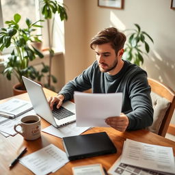 A person sitting at a table with a laptop open, surrounded by papers and bills, looking thoughtful and focused on budget plans