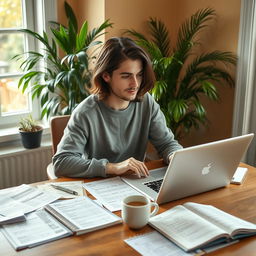 A person sitting at a table with a laptop open, surrounded by papers and bills, looking thoughtful and focused on budget plans