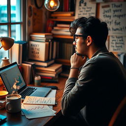 A thoughtful person deep in contemplation, surrounded by notes and ideas, with a soft glow of inspiration in a cozy workspace