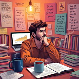 A thoughtful person deep in contemplation, surrounded by notes and ideas, with a soft glow of inspiration in a cozy workspace