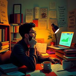 A thoughtful person deep in contemplation, surrounded by notes and ideas, with a soft glow of inspiration in a cozy workspace