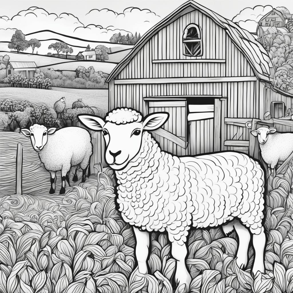 Black and white colouring book page featuring intricately detailed happy sheep on a farm, with a barn in the background.