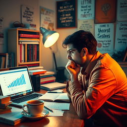 A thoughtful person deep in contemplation, surrounded by notes and ideas, with a soft glow of inspiration in a cozy workspace