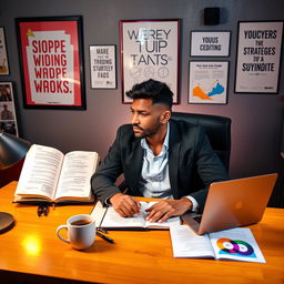 An individual sitting at a stylish desk, deeply engaged in thought, with a determined expression on their face