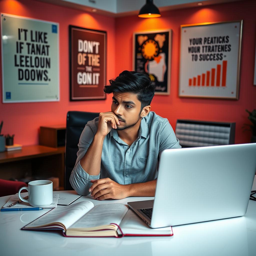 An individual sitting at a stylish desk, deeply engaged in thought, with a determined expression on their face