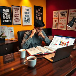 An individual sitting at a stylish desk, deeply engaged in thought, with a determined expression on their face