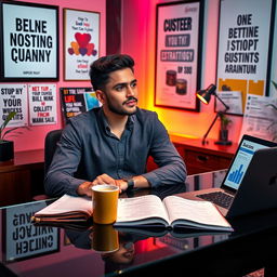 An individual sitting at a stylish desk, deeply engaged in thought, with a determined expression on their face