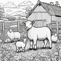 Black and white colouring book page featuring intricately detailed happy sheep on a farm, with a barn in the background.