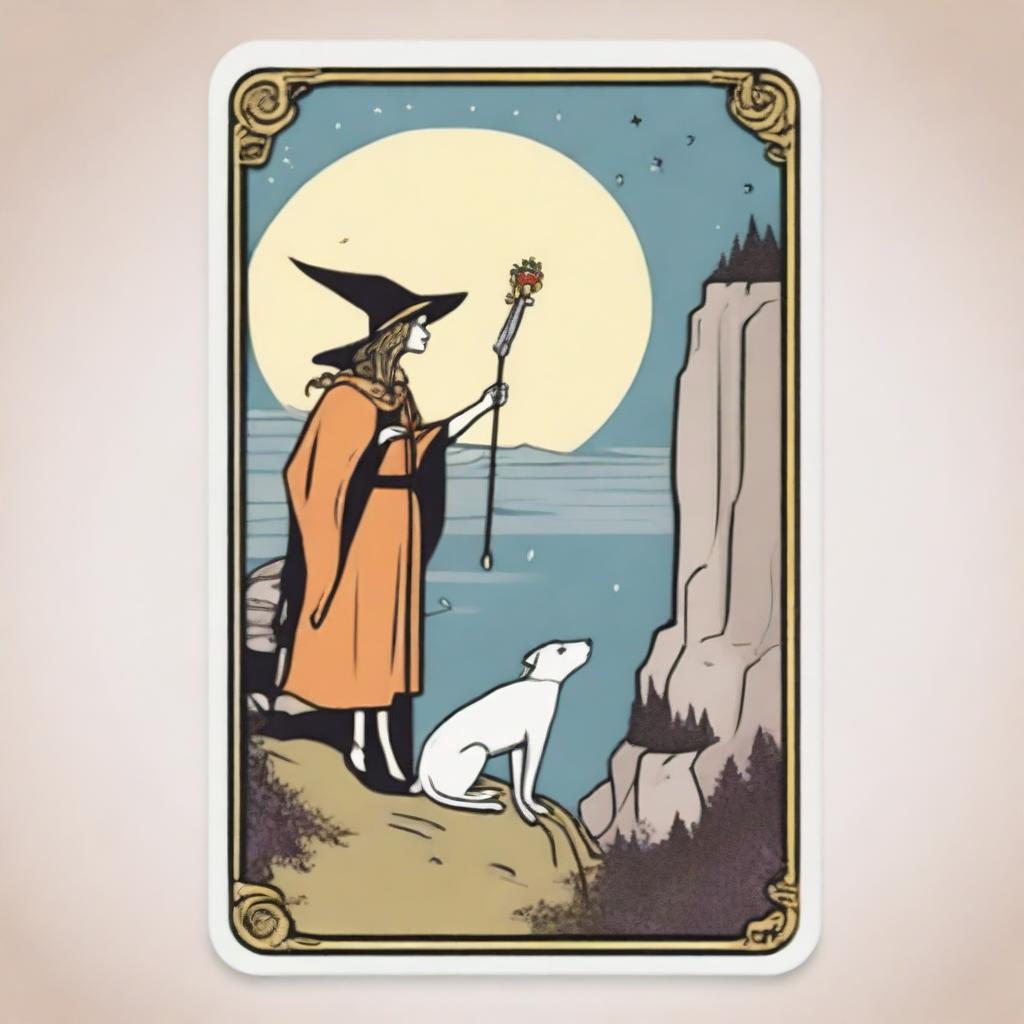 A whimsical, dreamy depiction of The Fool Tarot card encased within a rounded rectangle border