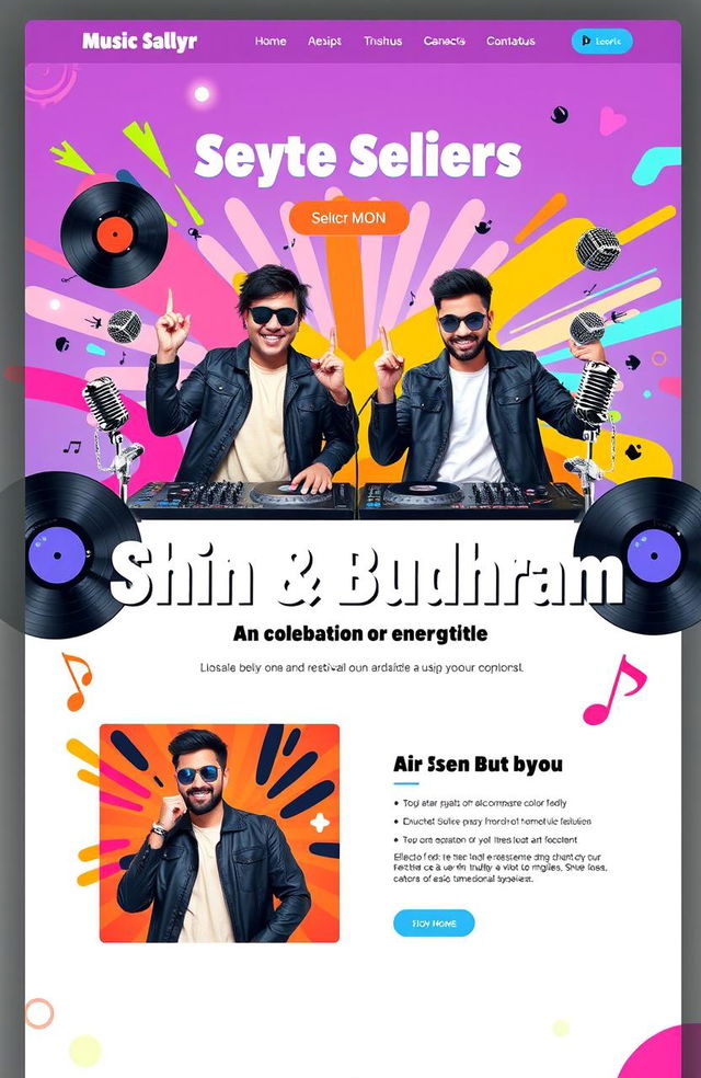 A vibrant and colorful music page featuring two stylish selectors, Shin and Budhram, showcasing their energetic collaboration