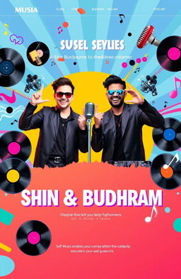 A vibrant and colorful music page featuring two stylish selectors, Shin and Budhram, showcasing their energetic collaboration
