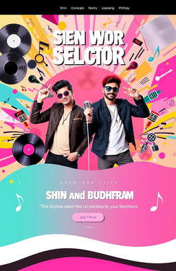 A vibrant and colorful music page featuring two stylish selectors, Shin and Budhram, showcasing their energetic collaboration