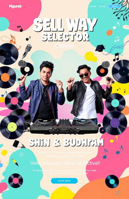 A vibrant and colorful music page featuring two stylish selectors, Shin and Budhram, showcasing their energetic collaboration