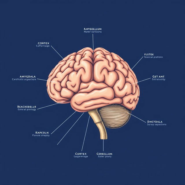 A detailed schematic illustration of a human brain, showcasing various regions and their functions