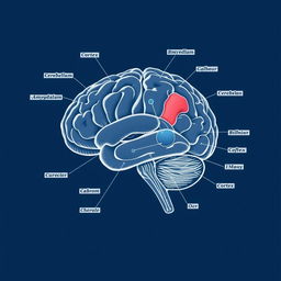 A detailed schematic illustration of a human brain, showcasing various regions and their functions
