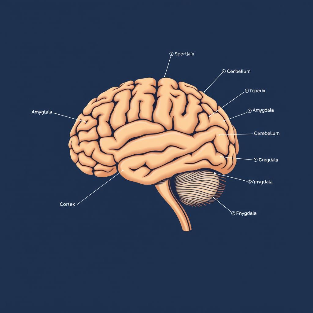 A detailed schematic illustration of a human brain, showcasing various regions and their functions