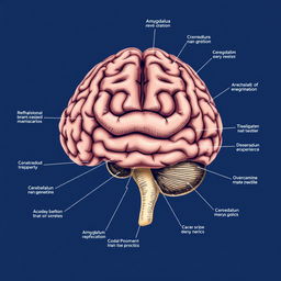 A detailed schematic illustration of a human brain, showcasing various regions and their functions