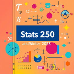 A vibrant and engaging textbook cover for a statistics class, featuring colorful graphs and geometric shapes, along with various mathematical symbols like pi, sigma, and integrals