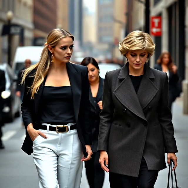 A scene on a city street showing two women walking together