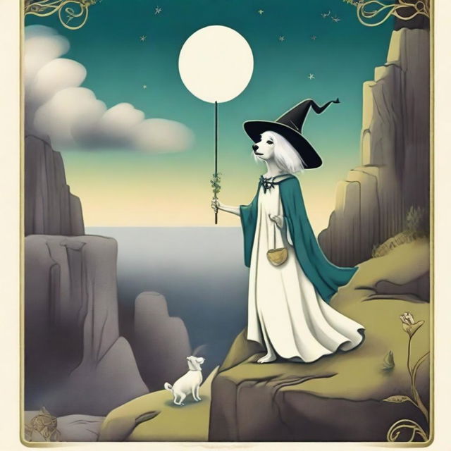 A dreamy interpretation of The Fool Tarot card featuring a gleeful witch at the edge of a cliff, a small white dog faithfully by her feet