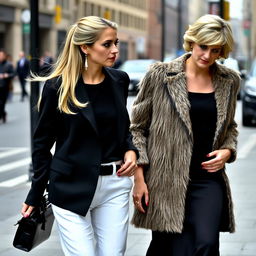 A scene on a city street showing two women walking together