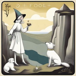 A dreamy interpretation of The Fool Tarot card featuring a gleeful witch at the edge of a cliff, a small white dog faithfully by her feet