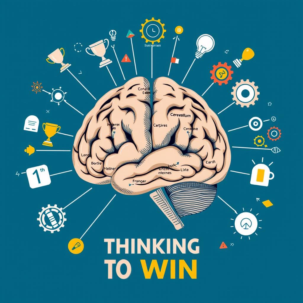 A detailed schematic illustration of a human brain, emphasizing its various regions and functions, centered around the theme of 'thinking to win'