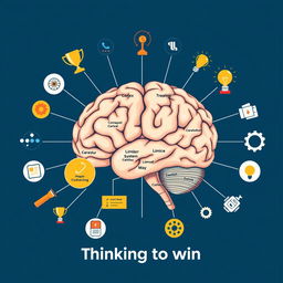 A detailed schematic illustration of a human brain, emphasizing its various regions and functions, centered around the theme of 'thinking to win'