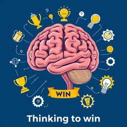 A detailed schematic illustration of a human brain, emphasizing its various regions and functions, centered around the theme of 'thinking to win'