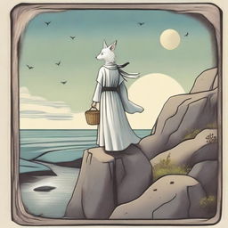 A dreamy interpretation of The Fool Tarot card featuring a gleeful witch at the edge of a cliff, a small white dog faithfully by her feet