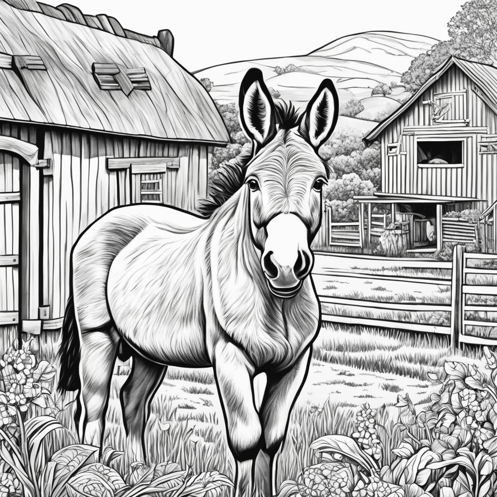 Black and white colouring book page featuring intricately detailed happy donkey on a farm, with a barn in the background.