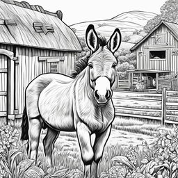 Black and white colouring book page featuring intricately detailed happy donkey on a farm, with a barn in the background.