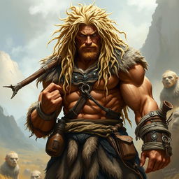 A powerful warrior named Vorath stands confidently, showcasing a robust, muscular physique sculpted by countless battles